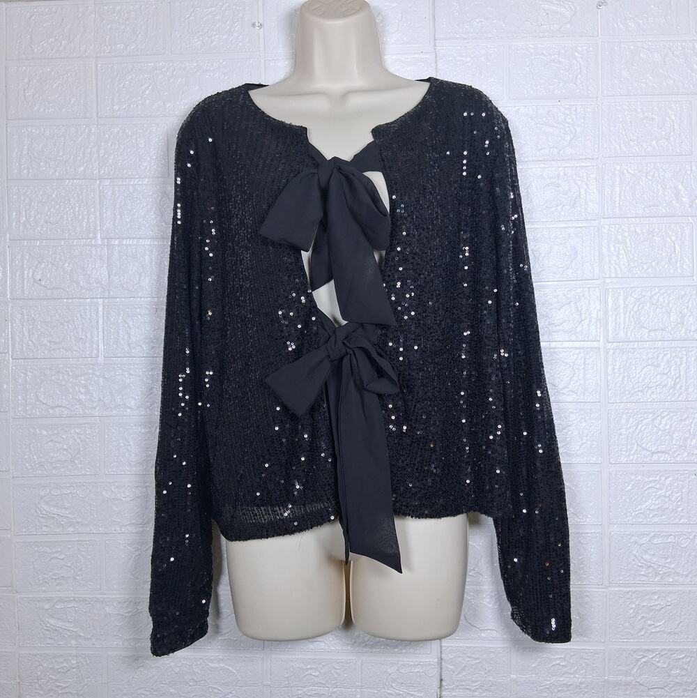 Cupio Blush Black Sequin Bow Tie Front Cardigan Jacket XL NWT